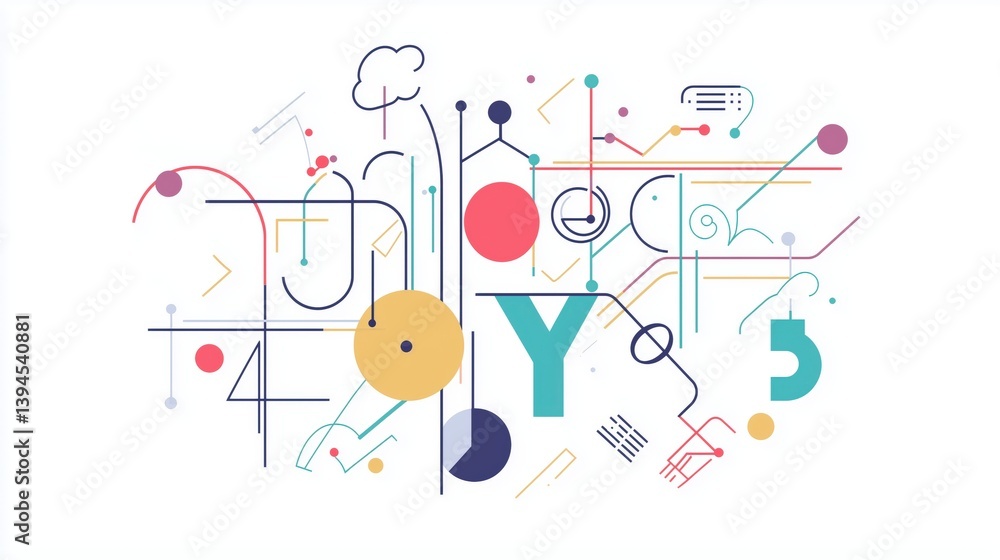 The image is a colorful abstract drawing of a bunch of shapes and letters