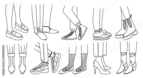 Legs wearing seasonal shoes hand drawn set. Set of feet in different shoes in sketch style