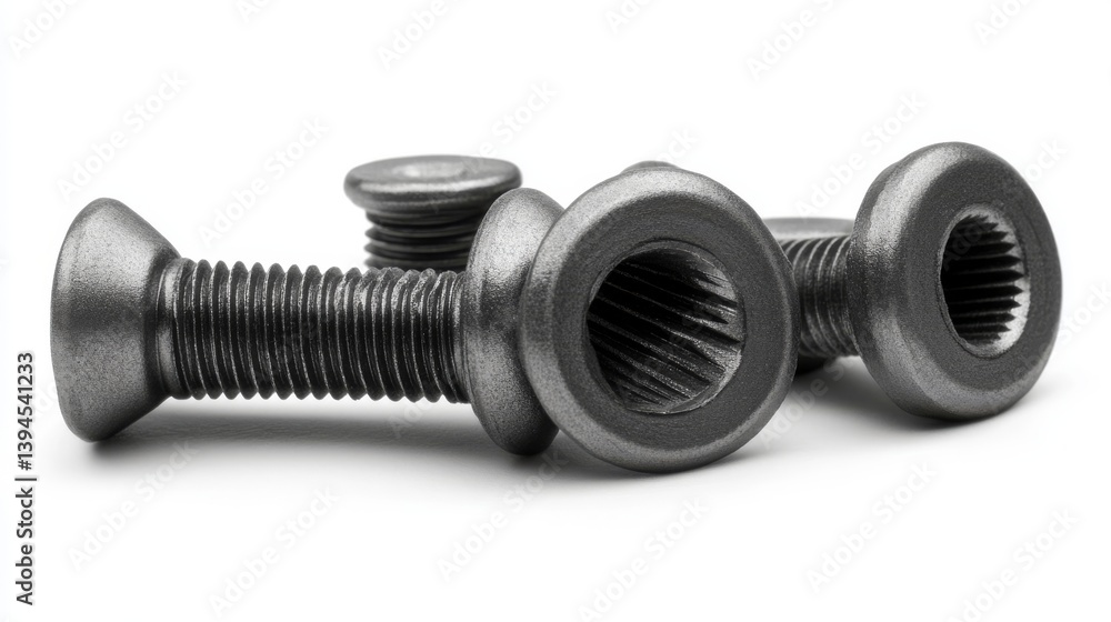 An isolated high-resolution photograph of steel tapping screws, including metal, iron, and chrome versions, on a white background with full depth of field An isolated high-resolution photograph of steel tapping screws, including metal, iron, and chrome versions, on a white background with full depth of field