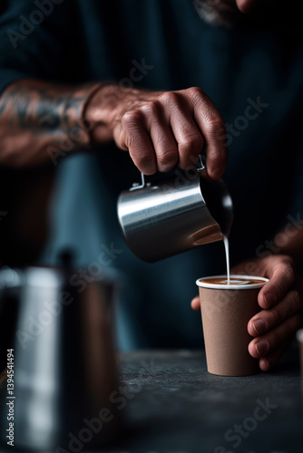 Close-up of barista pouring latte art in rustic ceramic cup – cozy coffee moment with moody natural light