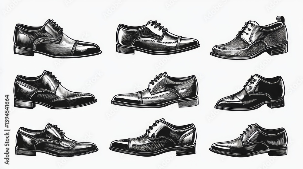 A modern, hand-drawn illustration of a men's formal leather shoe collection, depicted in different views using a doodle-style sketch, perfect for shoe design ideas A modern, hand-drawn illustration of a men's formal leather shoe collection, depicted in different views using a doodle-style sketch, perfect for shoe design ideas