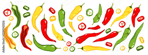 Chili peppers collection. Hot yellow, red, green chili peppers sliced, whole, halves. Vector illustration.