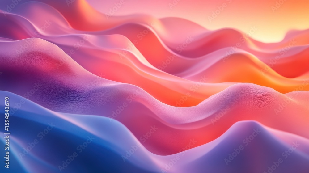 Fototapeta premium A colorful, abstract landscape featuring smooth, wave-like forms in shades of pink, purple, and blue, creating a serene and visually captivating scene.