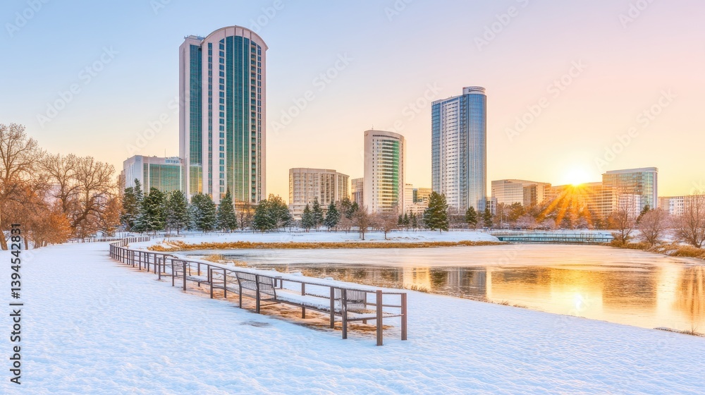 Obraz premium Winter sunrise over a city park