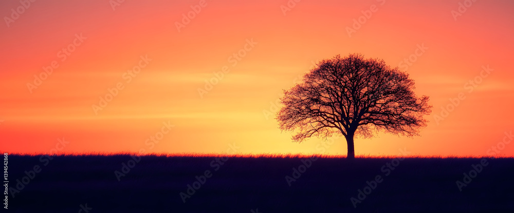 Obraz premium Lone Tree Silhouette Against a Vibrant Sunset Horizon creating a peaceful and captivating natural scene.