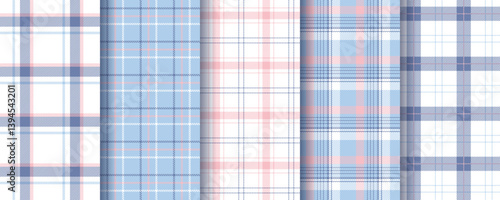 Plaid seamless pattern. Check blue background. Set of fabric prints. Tartan shirt cloth. Flannel texture. Lumberjack tablecloth. Geometric checkered textile. Abstract backdrop. Vector illustration