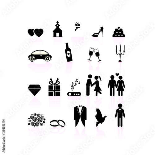 set of wedding icons Wedding day black and white set icons