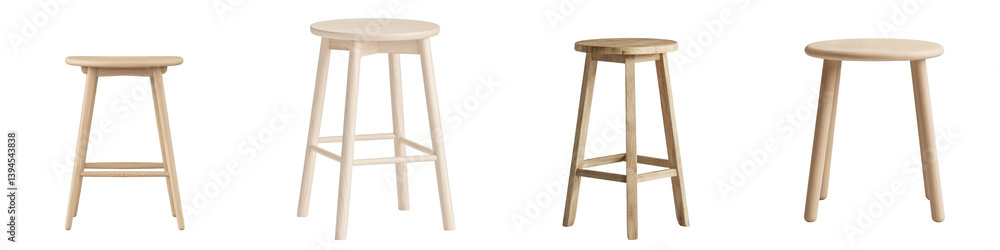 Minimalist wooden stools arranged in a clean, isolated setting showcasing different heights and designs Minimalist wooden stools arranged in a clean, isolated setting showcasing different heights and designs
