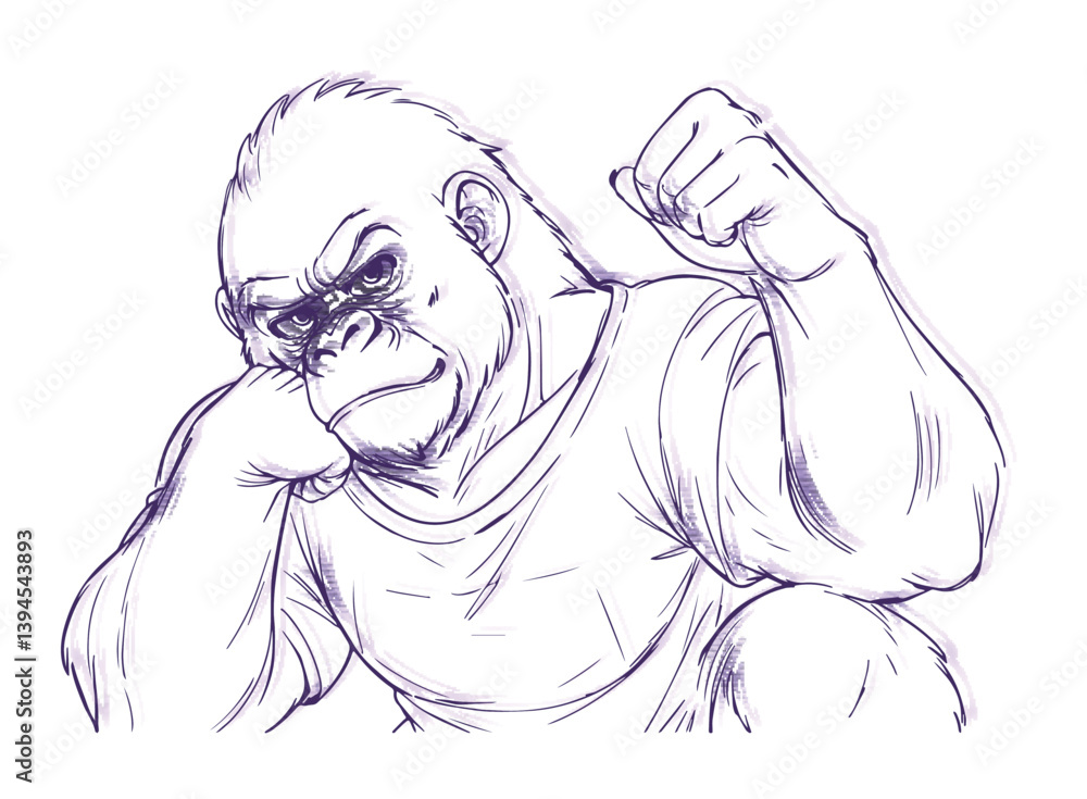 Obraz premium Angry Cartoon Gorilla Sketch in T-Shirt – Hand Drawn Character Illustration Adobe Illustrator Artwork