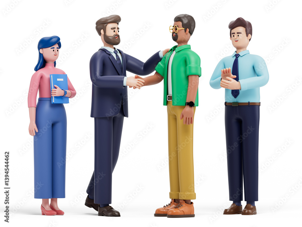 3D man shakes hands with another, symbolizing agreement and teamwork. 3D rendering, conceptual image. Isolated on white background. 3D man shakes hands with another, symbolizing agreement and teamwork. 3D rendering, conceptual image. Isolated on white background.
