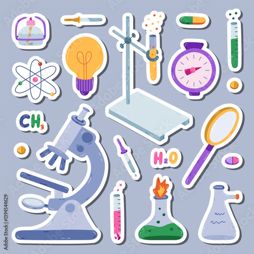 Cute sticker set with cartoon chemistry, science and laboratory clipart for planners, notebooks. Ready for print list of cute stickers. Lab equipment for chemical, genetic, medical experiment, study.
