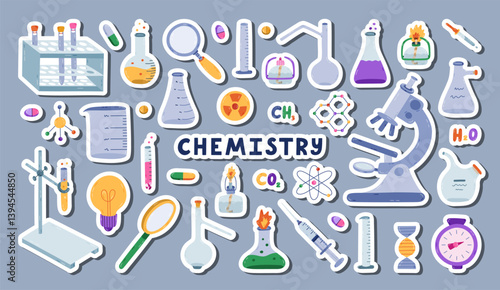 Big sticker set with cartoon chemistry, science and laboratory clipart for planners, notebooks. Ready for print list of cute stickers. Lab tool for chemical, genetic, medical experiment, learning.
