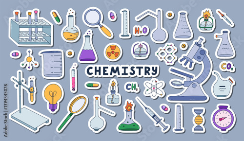 Big sticker set with colorful doodle chemistry, science and laboratory clipart for planners, notebooks. Ready for print list of cute stickers. Lab tool for chemical, medical experiment, learning.