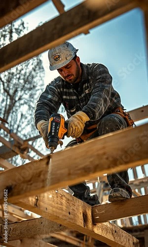 A construction worker, on scaffolding, using a power drill, constructing a wooden frame.