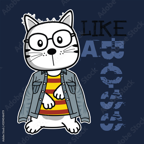 Stylish cat wearing glasses and denim jacket with "Like a Boss" text, exuding coolness and confidence. Fashion concept

