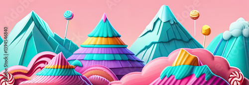 Colorful candy mountains in a whimsical landscape with bright pastel skies and playful details