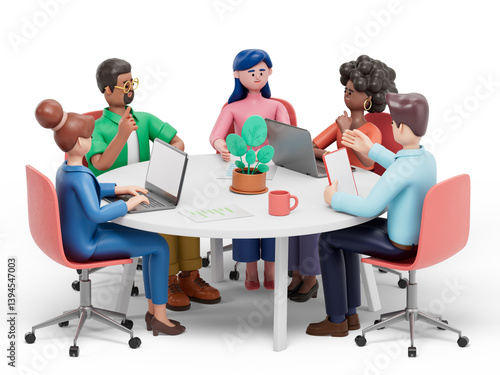 3D people in a meeting, symbolizing collaboration and strategy planning. 3D rendering, conceptual image. Isolated on white background.