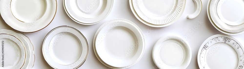 Assorted white plates, elegant tableware, top view Assorted white plates, elegant tableware, top view