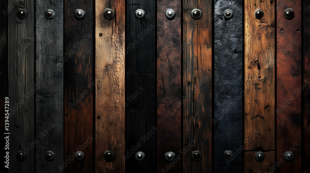 Abstract Close Up of Varnished and Stained Wooden Planks with Metallic Studs in Dark Brown and Black Colors Abstract Close Up of Varnished and Stained Wooden Planks with Metallic Studs in Dark Brown and Black Colors
