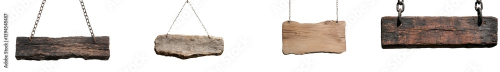 Fototapeta premium Minimalist mockups showcasing various wooden signboards suspended by chains