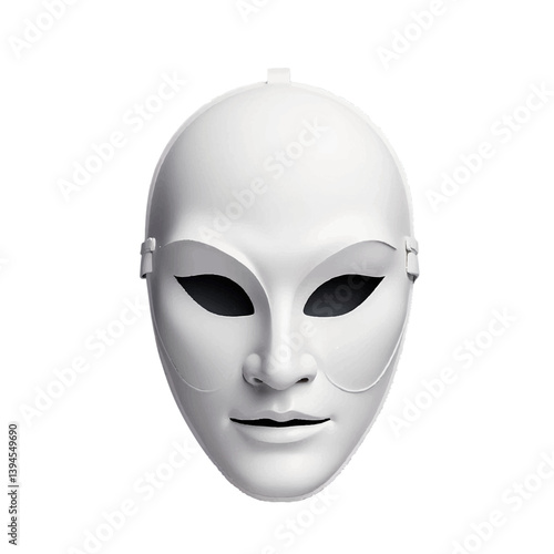 White mask with smooth features and exaggerated eyes showcased on a plain background indoors