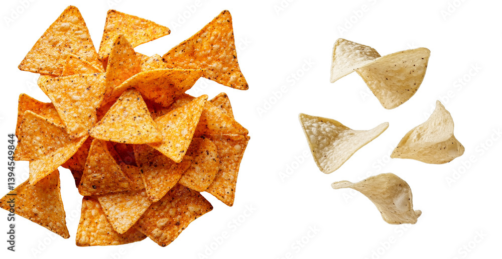 Crisp tortilla chips arranged on a minimalist backdrop for an isolated mockup presentation Crisp tortilla chips arranged on a minimalist backdrop for an isolated mockup presentation