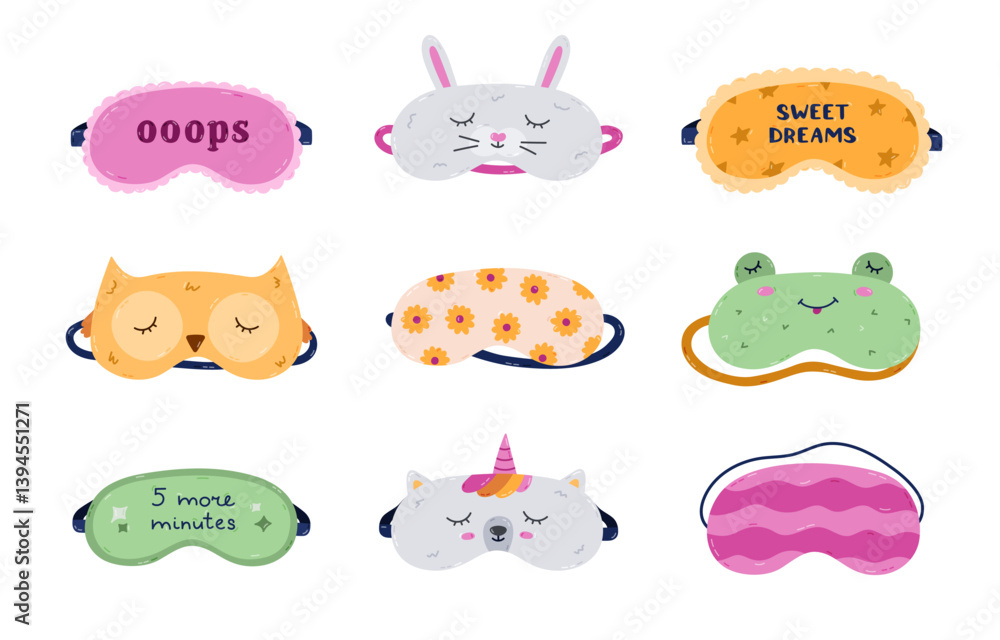 Lovely cartoon sleeping mask set with bunny, frog, unicorn head, sunflower and line pattern, Sweet Dreams lettering. Childish and girlish hand drawn eye mask isolated on white background. Lovely cartoon sleeping mask set with bunny, frog, unicorn head, sunflower and line pattern, Sweet Dreams lettering. Childish and girlish hand drawn eye mask isolated on white background.
