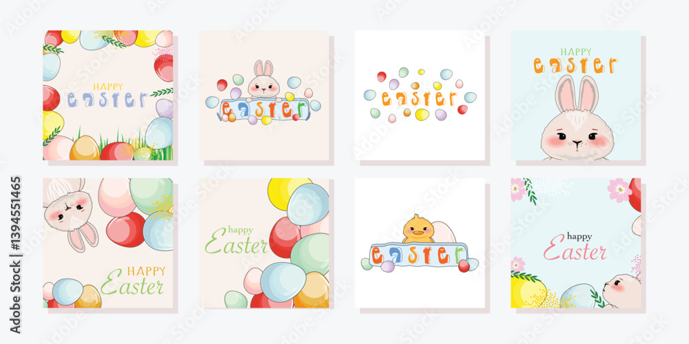 Cohesive set of 8 Easter designs, playful bunnies, colorful eggs, florals, and festive typography templates Cohesive set of 8 Easter designs, playful bunnies, colorful eggs, florals, and festive typography templates