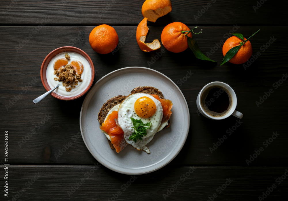 Breakfast scene with fried eggs, coffee and tangerines. Dark background with top view food styling, morning routine and vibrant tones in AI-generated culinary composition.