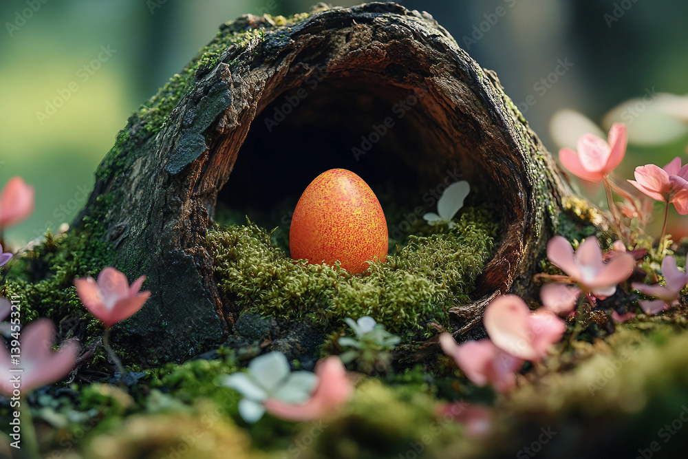 Generative AI image of a beautifully painted Easter egg nestled in a tree hollow with moss and flowers Generative AI image of a beautifully painted Easter egg nestled in a tree hollow with moss and flowers