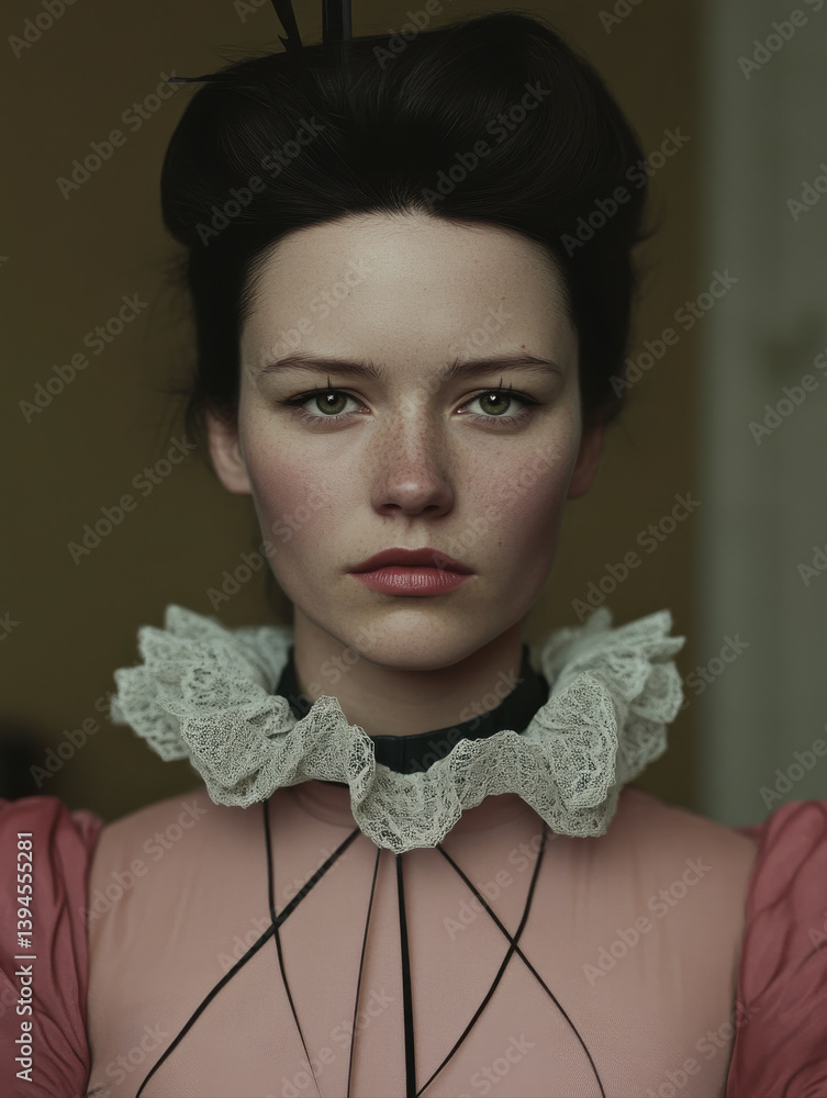 Formal portrait of woman with tied-up hair and Victorian-style outfit. AI-generated aesthetic with classic elegance and fashion-forward visual tone under soft studio light.