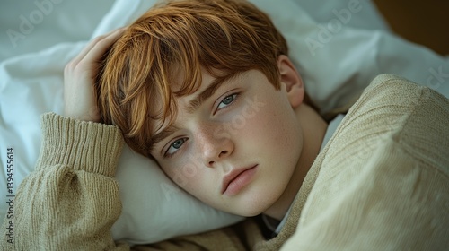 A man dozes in bed, hand on his head, bathed in soft light photo