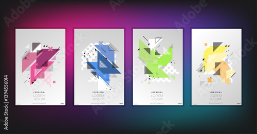 Abstract geometric composition forms modern background with decorative triangles and patterns backdrop vector illustration set