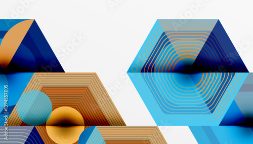 Abstract geometric composition. Hexagons, triangles, circles overlap creating layered effect. Warm orange contrasts cool blues. Modern design, clean lines, minimalist aesthetic.