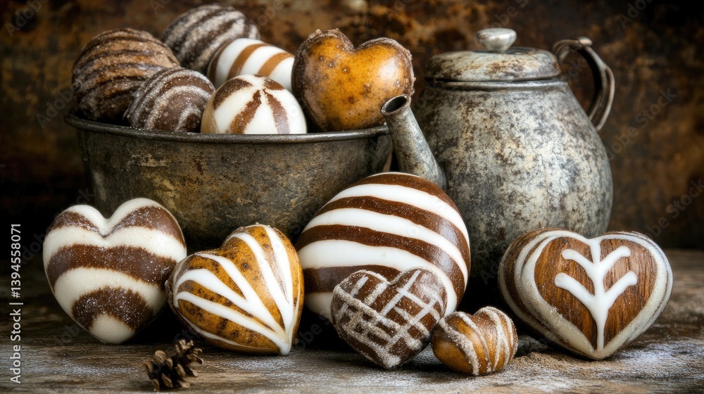 Chocolates arranged near metal teapot on rustic wood table against textured brown wall, indoor still life Chocolates arranged near metal teapot on rustic wood table against textured brown wall, indoor still life