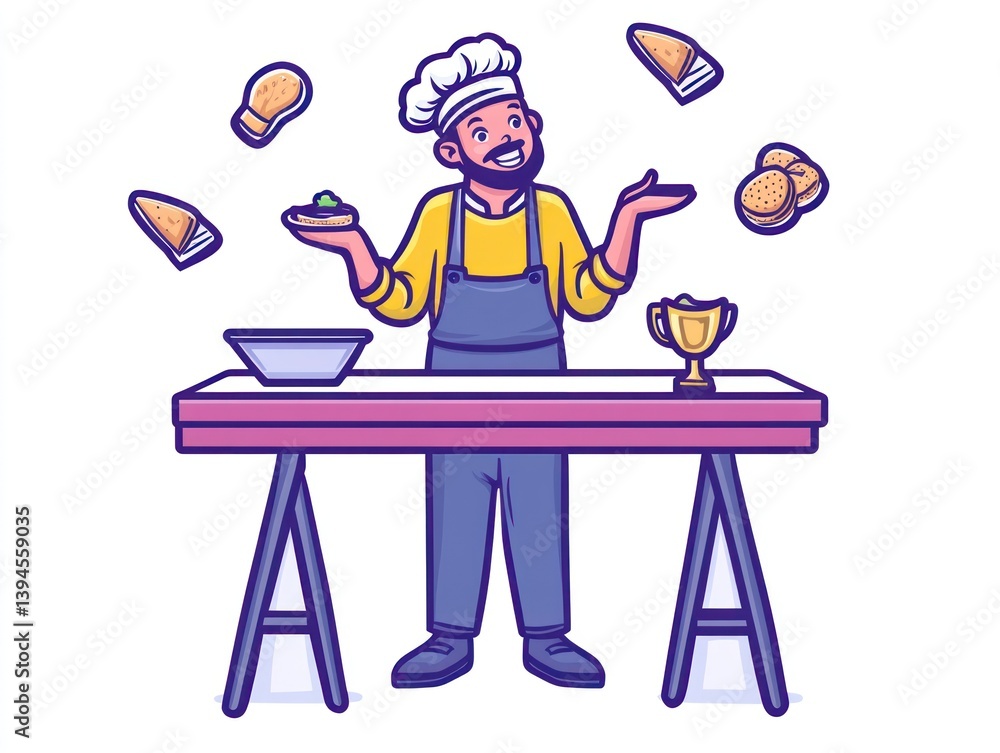 A cheerful chef juggles food, a trophy nearby. Culinary skills showcased A cheerful chef juggles food, a trophy nearby. Culinary skills showcased