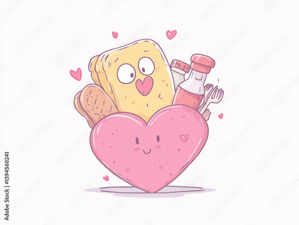 A cute heart-shaped container holding a happy sandwich, bread, and sauce A cute heart-shaped container holding a happy sandwich, bread, and sauce