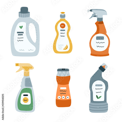 Childish cartoon set with detergent products in different bottles for housekeeping. Hand drawn laundry gel, dishwashing powder, toilet cleaner, spray. Clipart to cleanse apartment isolated on white.