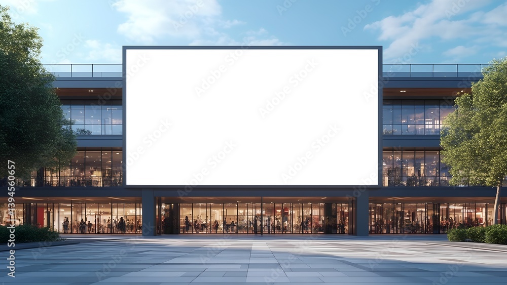 Billboard Mockup on Modern Building Exterior with People Inside and Trees Billboard Mockup on Modern Building Exterior with People Inside and Trees