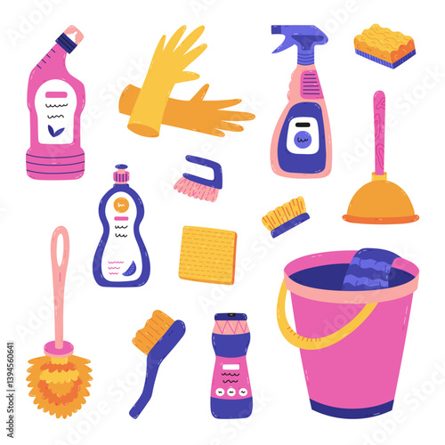Cartoon cleansing products and tools set in trendy vivid colors. Hand drawn bucket, toilet cleaner, brush, plunger, rubber gloves, dishwashing gel. Funny housekeeping clipart isolated on background.