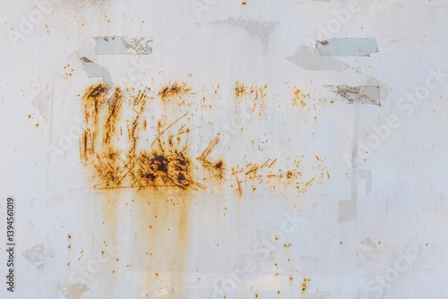 Foto Worn white painted metal with rust and sticky tape residue