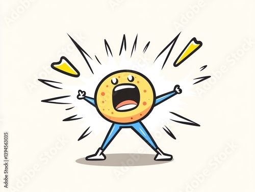 A round, orange character with a wide-open mouth and outstretched arms, radiating bright yellow energy bursts