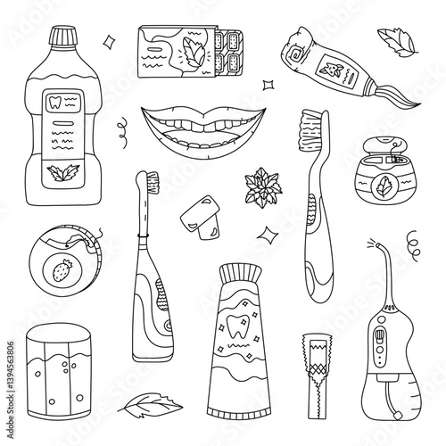Lovely line doodle dental hygiene set for clean teeth, fresh breath, health gums, bleaching enamel. Cute hand drawn dentistry concept collection for white and healthy smile isolated on background.