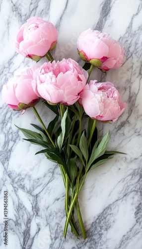 Beautiful bouquet of pink peonies close-up on marble background, minimalist flower card design.