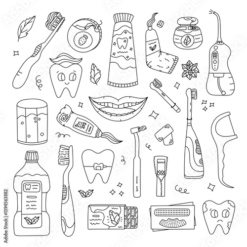Big outline dental care and stomatology set with oral cleaning tools, funny tooth characters, mouth care products. Toothpaste, brush, floss, mouth. Lovely hand drawn teeth hygiene isolated doodle.
