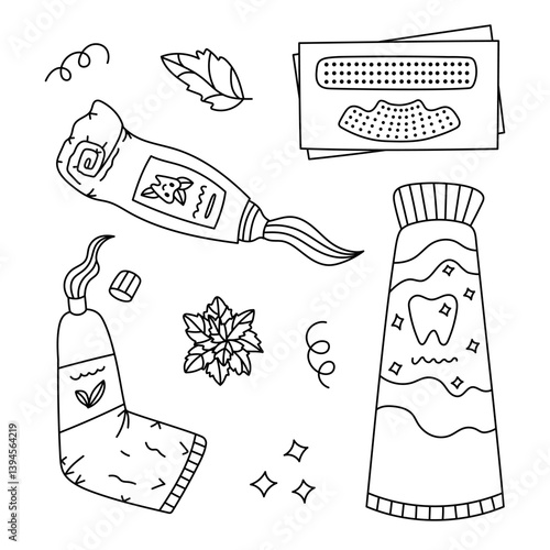 Lovely black and white doodle set of different toothpastes, teeth stripes for cleaning and whitening enamel. Hand drawn squeezing, rolled up, with closed cap tooth paste tubes isolated on background.