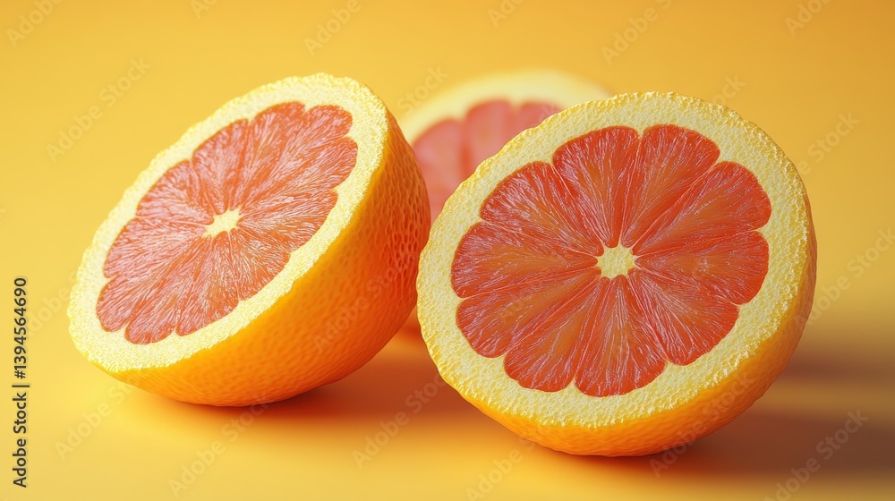 Fototapeta premium A vibrant image of halved oranges showcasing their juicy, colorful interiors against a bright yellow background.