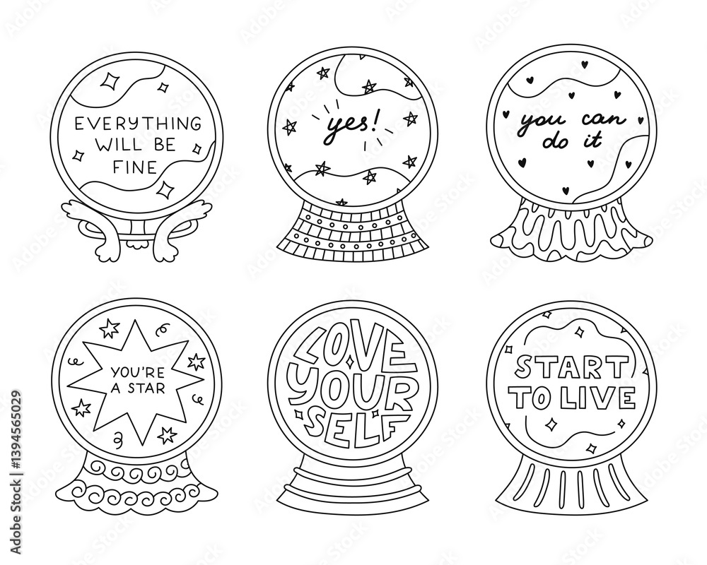 Obraz premium Lovely outline doodle set with magical crystal ball with positive forecast and motivational lettering. Cute hand drawn magic glass ball of fortune teller. Optimistic typography. Esoteric collection.