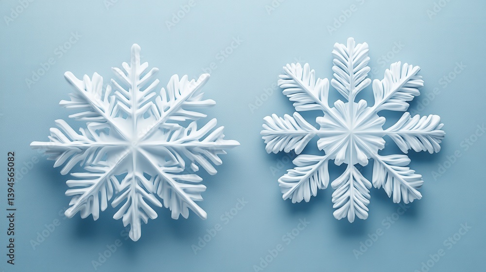 Two intricate snowflake designs in white against a soft blue background, showcasing unique patterns and textures. Two intricate snowflake designs in white against a soft blue background, showcasing unique patterns and textures.