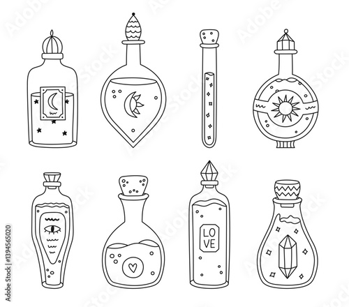 Lovely line doodle set with magic potion in different flasks, labels, vintage lid. Love potion, magical liquid of sun energy, luck, poison. Wizard boho jars. Cute vials for witchcraft, alchemist.